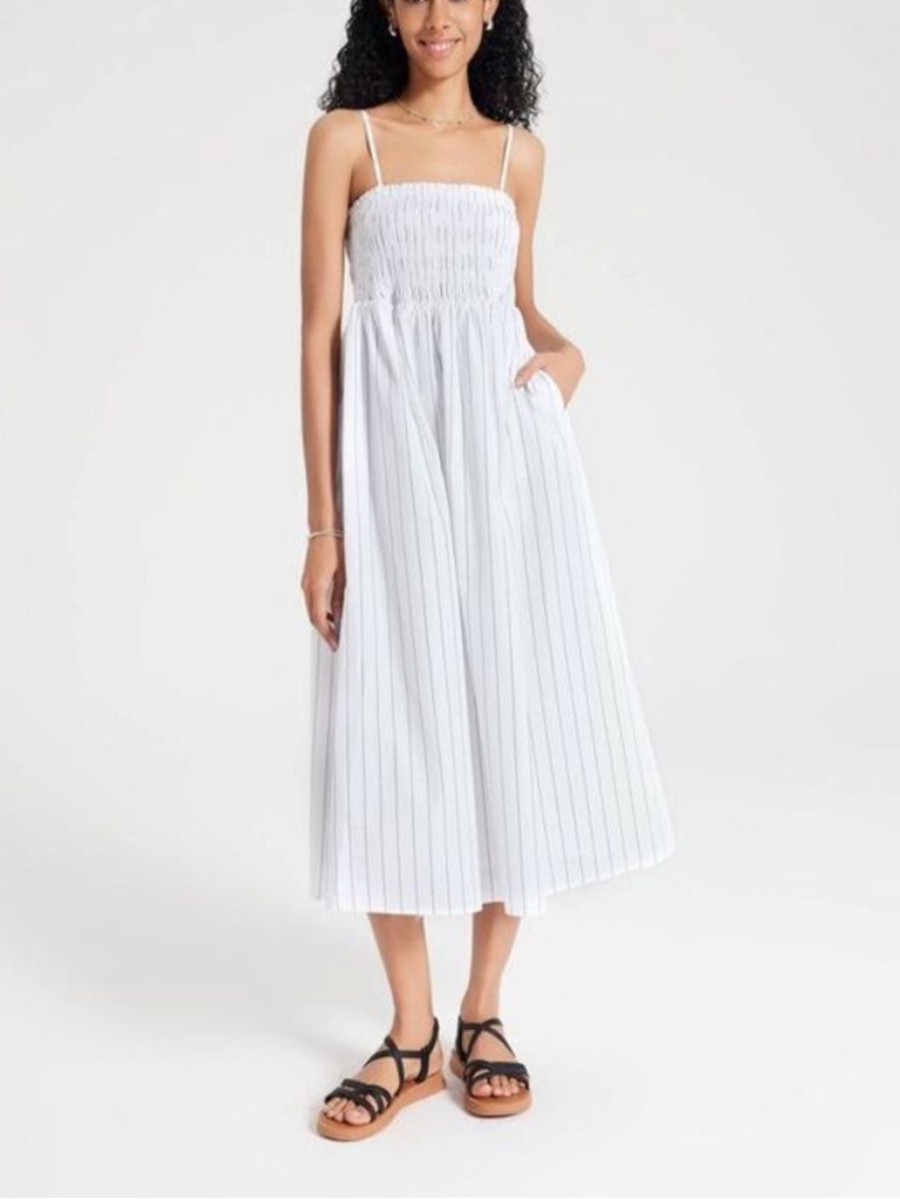 a new day White Pinstripe Smocked Cotton Midi Dress with pockets